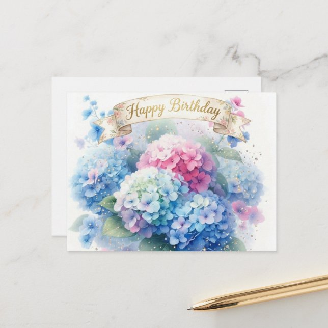 Carte Postale Elegant Hydrangea Blooms Happy Birthday Postcard (Devant/Arrière en situation)