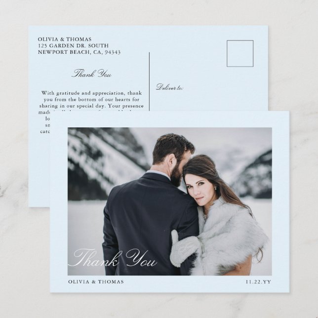 Carte Postale Elégant Ice Blue Winter Wedding Photo Merci (Devant / Derrière)
