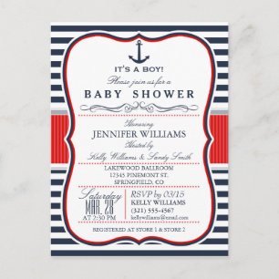 Carte Postale Élégant Invitation Baby shower nautique; Marine et