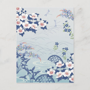Carte Postale Elégant Jardin Fleur Japonais Bleu Clair