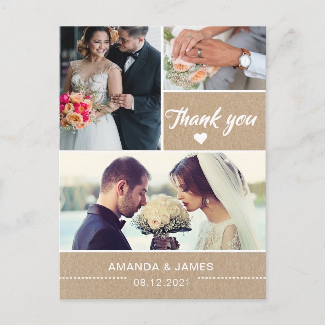Carte Postale Élégant Kraft rustique | Merci photo mariage (Devant)
