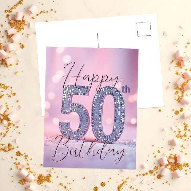 Carte Postale Elégant lilas doux et paillettes argentées 50e ann (Créateur téléchargé)