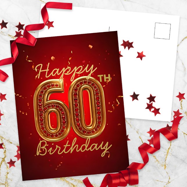 Carte Postale Elégant Luxueux Rouge Rubis et Or 60e Anniversaire (Créateur téléchargé)