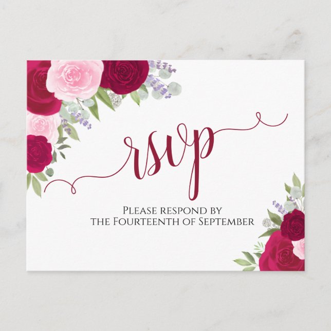 Carte Postale Elégant Magenta rose Aquarelle Roses mariage RSVP (Devant)