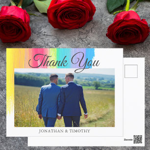 Carte Postale Élégant Mariage arc-en-ciel Photo LGBTQ Merci