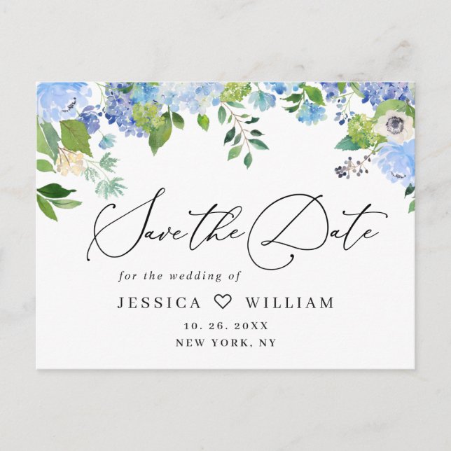 Carte Postale Elégant mariage Blue Hydrangea Enregistrer la date (Devant)