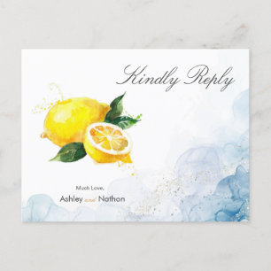 Carte Postale Élégant Mariage citron jaune et bleu aquarelle