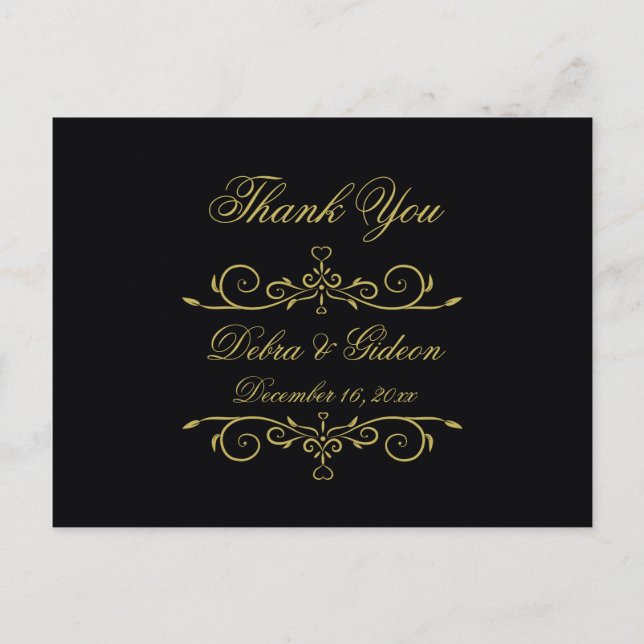 Carte Postale Élégant Mariage de coeur noir et or (Devant)