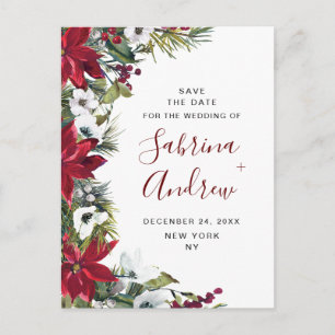 Carte Postale Élégant mariage de pin rouge Poinsettia Enregistre