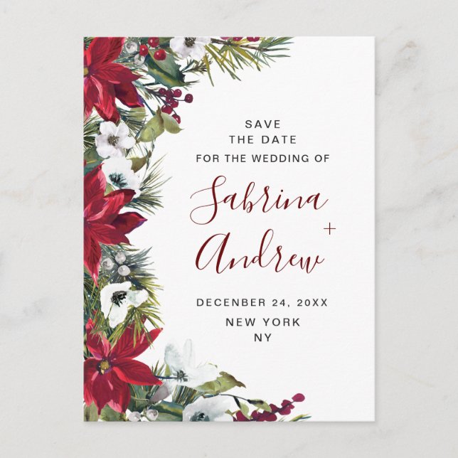 Carte Postale Élégant mariage de pin rouge Poinsettia Enregistre (Devant)