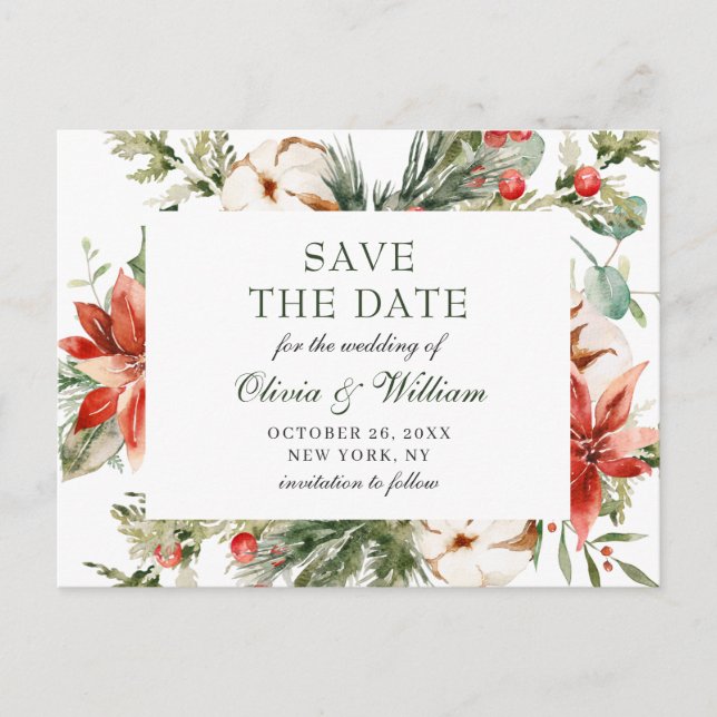 Carte Postale Élégant mariage de pin rouge Poinsettia Enregistre (Devant)