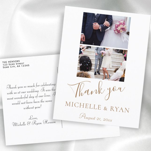 Carte Postale Élégant Mariage de script doré 2 Photos Merci (Créateur téléchargé)