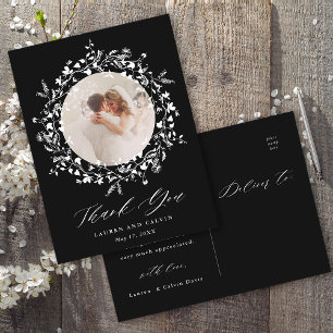 Carte Postale Élégant Mariage de script noir Merci photo noir