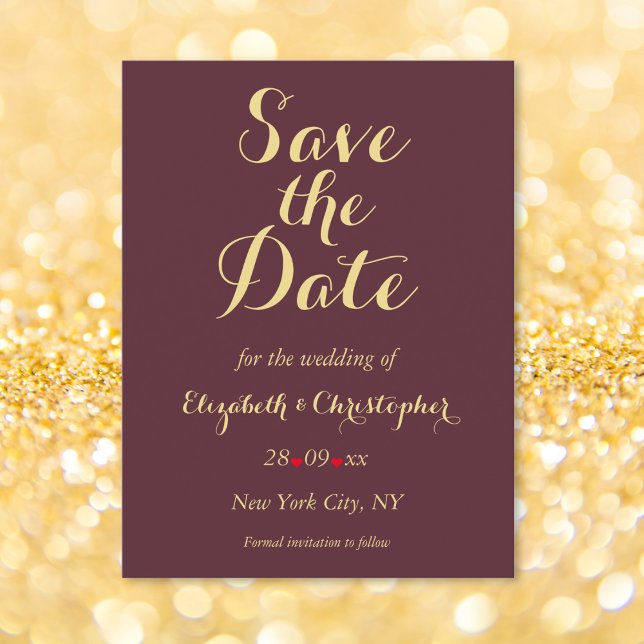 Carte Postale Élégant mariage d'or de la Bourgogne Faux Enregist (Elegant Burgundy Faux Gold Wedding Save the Date Postcard)