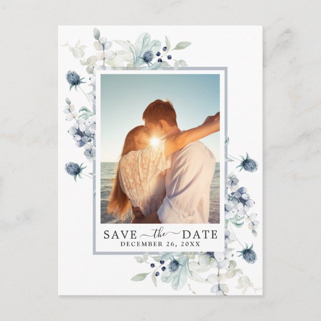 Carte Postale Elégant mariage en feuillage bleu Dusty Enregistre (Devant)