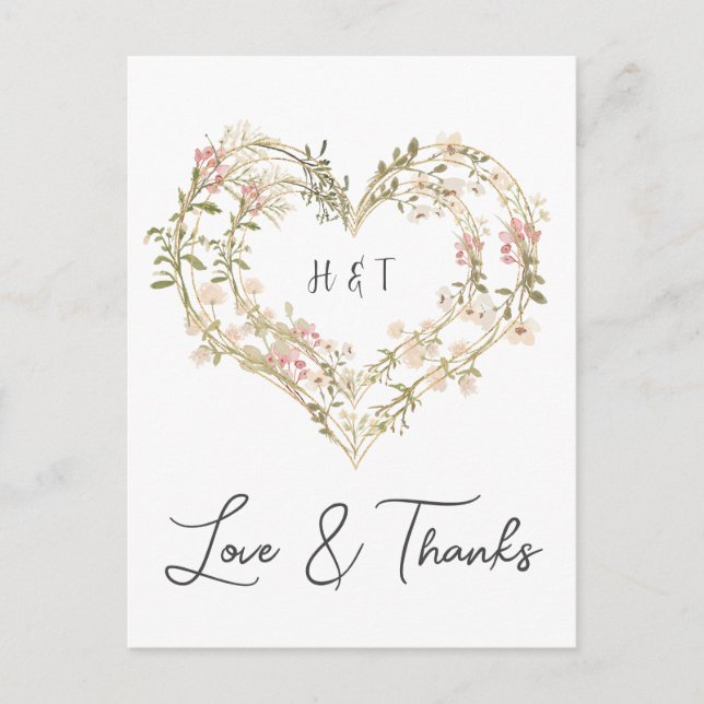 Carte Postale Élégant Mariage  or rose Merci Fleur sauvage (Devant)
