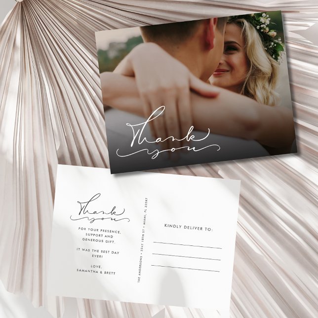 Carte Postale Élégant Mariage photo de script Merci (Elegant Script Photo Wedding Thank You Postcard)