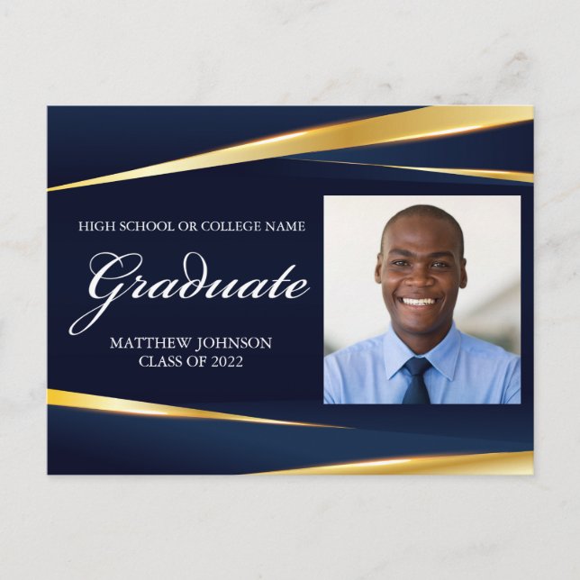 Carte Postale Elégant Marine Bleu Gold Formal Photo Graduation (Devant)