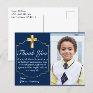 Carte Postale Elégant Marine Blue Gold Cross 1ère communion Merc