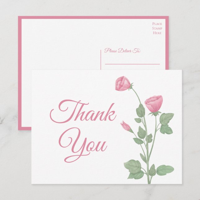 Carte Postale Elégant Merci Aquarelle Ressort rose Floral (Devant / Derrière)