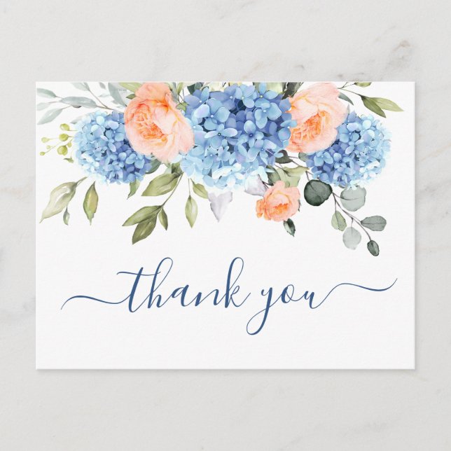 Carte Postale Elégant Merci bleu Hydrangée rose pâle Roses (Devant)
