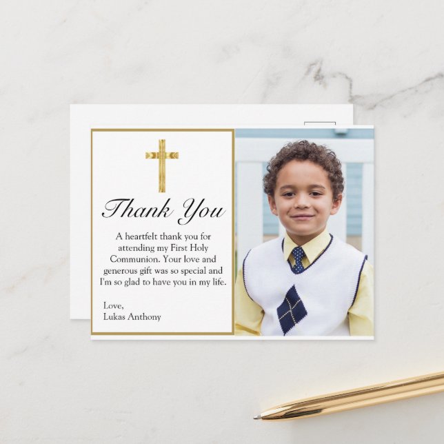 Carte Postale Elégant Merci de la 1ère communion Gold Cross (Devant/Arrière en situation)