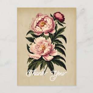 Carte Postale Élégant Merci de la fleur de pivoine rose Vintage