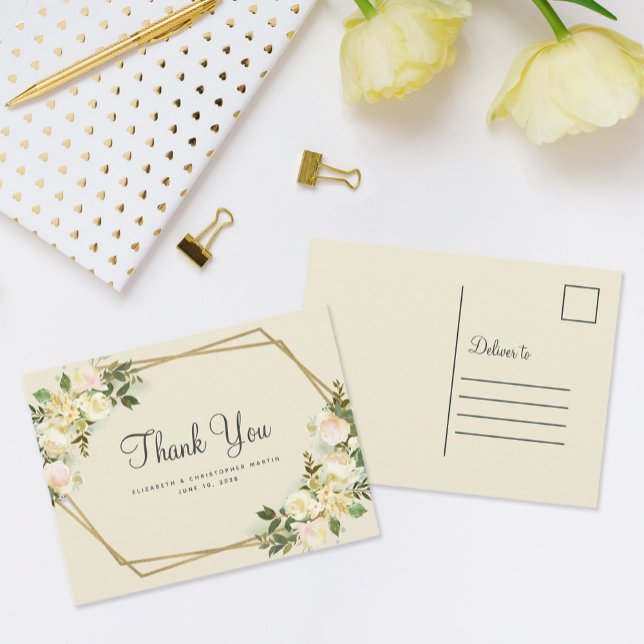 Carte Postale Elégant Merci de mariage Aquarelle Floral Or (Elegant Calligraphy Wedding Custom Thank You Watercolor Floral Gold Postcard)