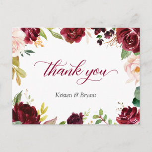 Carte Postale Élégant Merci de Mariage floral Burgundy Blush