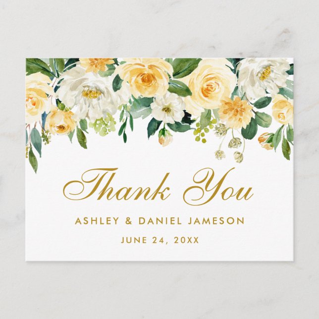 Carte Postale Elégant Merci de Mariage jaune or blanc (Devant)