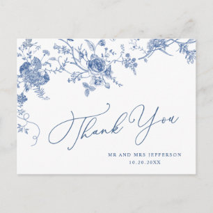 Carte Postale Elégant Merci Floral Bleu Victorien Français