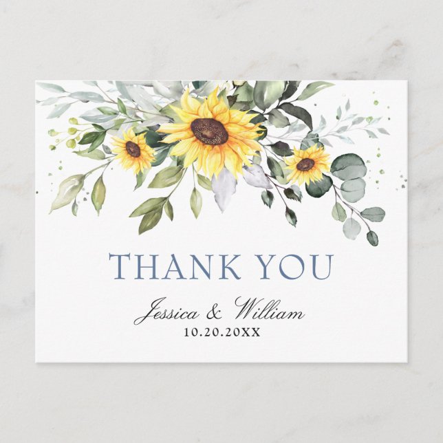 Carte Postale Elégant Merci floral Eucalyptus tournesols (Devant)