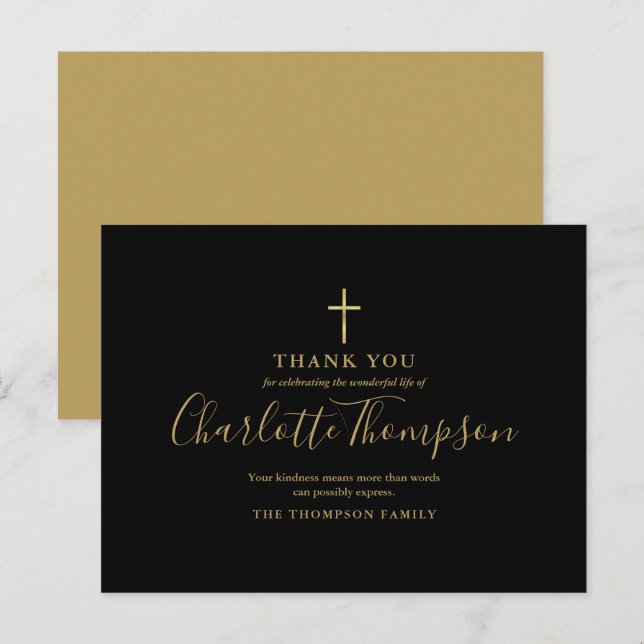Carte Postale Élégant Merci funéraire commémoratif Gold Cross (Devant / Derrière)