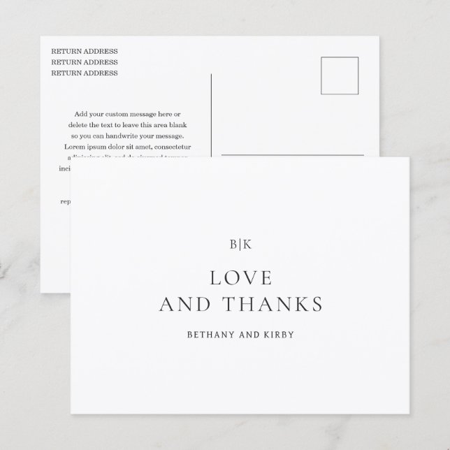 Carte Postale Élégant Merci Mariage classique noir et blanc (Devant / Derrière)