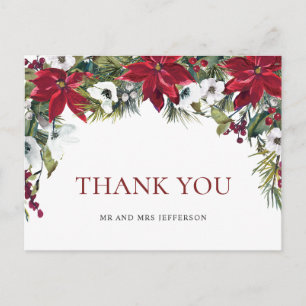 Carte Postale Élégant Merci Mariage de Noël Rouge Poinsettia