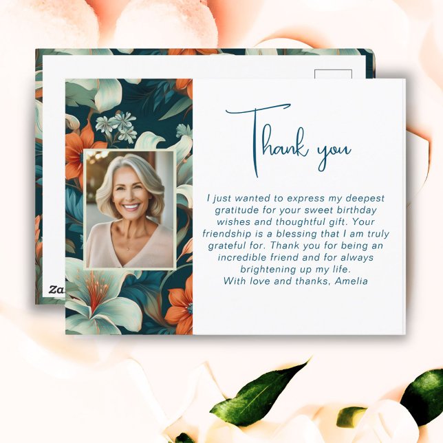 Carte Postale Élégant Motif de feuillage de fleurs Merci photo (Créateur téléchargé)