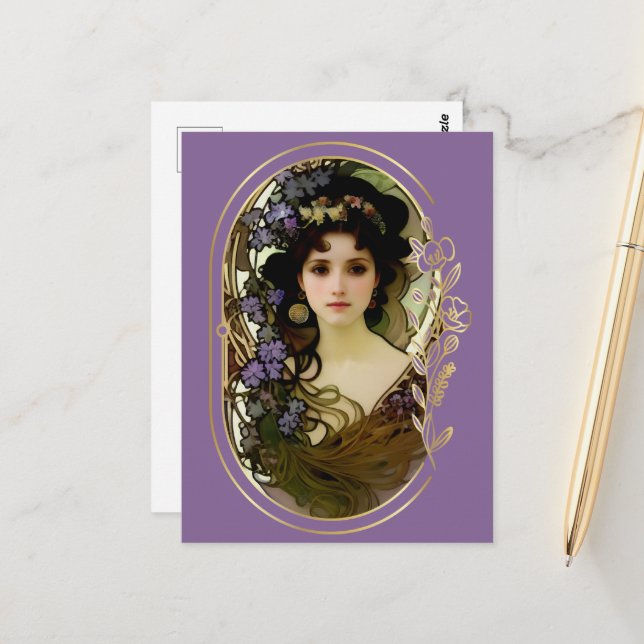 Carte Postale Elégant Mucha Style Portrait d'une belle femme (Devant/Arrière en situation)