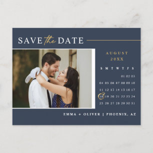 Carte Postale Elegant Navy Gold Enregistrer la date Calendrier C