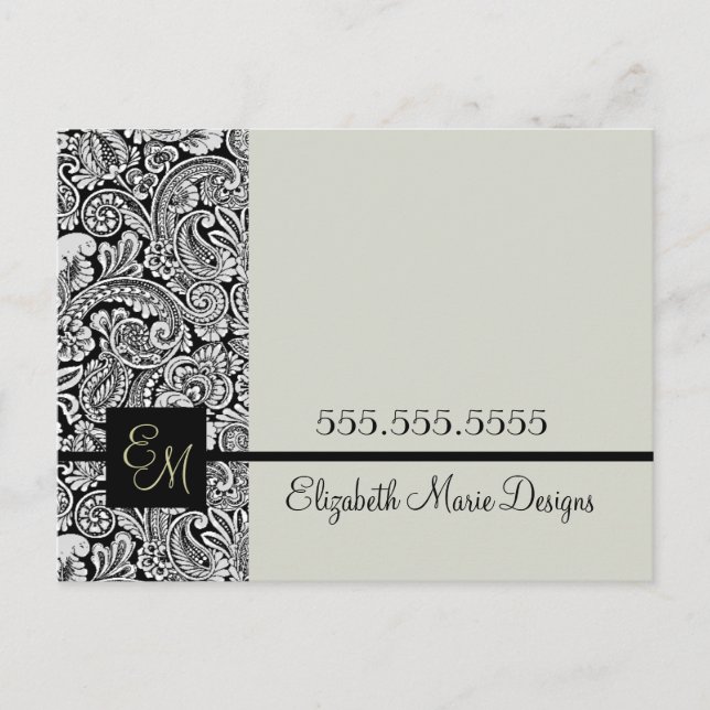 Carte Postale Élégant noir Damask Monogramme Entreprise (Devant)