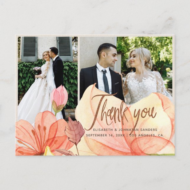 Carte Postale Elégant oranger floral mariage photo merci (Devant)