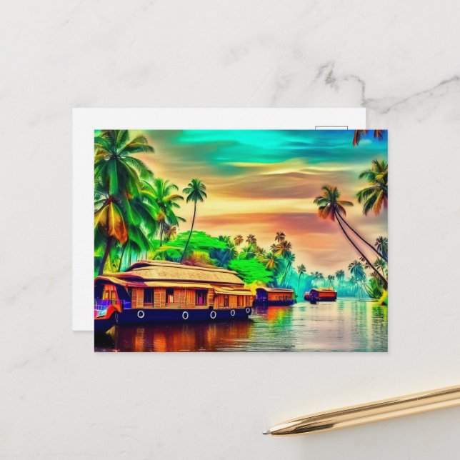 Carte Postale Elégant paysage naturel du Kerala de cocotiers (Devant/Arrière en situation)
