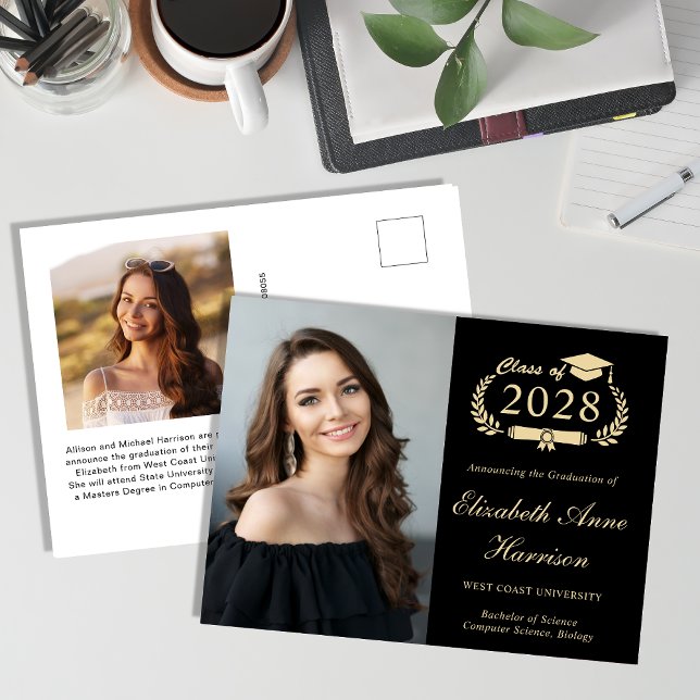 Carte Postale Elégant Photo Black Gold Graduation (Our user-friendly template makes it a breeze to upload your photo and personalize your announcement)