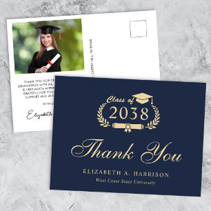 Carte Postale Elégant Photo Blue Gold Graduation Merci