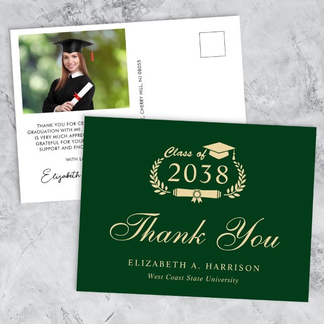 Carte Postale Élégant Photo Green Merci de graduation en or (An elegant photo graduation thank you card to show gratitude to friends and family for their support)