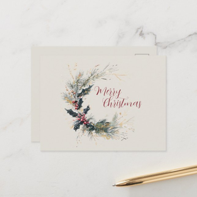 Carte Postale Elégant pin et couronne blanche avec accents or (Devant/Arrière en situation)