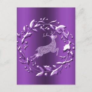 Carte Postale Élégant renne d'argent, couronne violet Noël