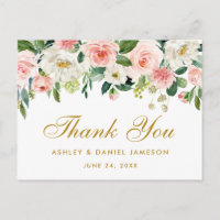 Élégant rose blanc Mariage Floral or Merci