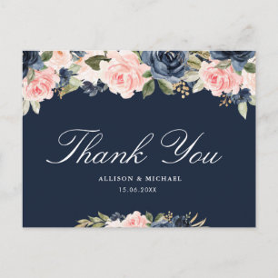 Carte Postale Elégant rose blush & marine floral mariage Merci