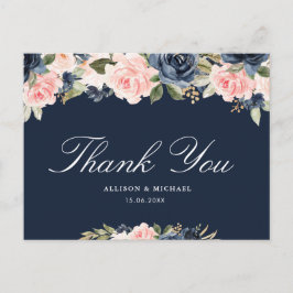 Carte Postale Elégant rose blush & marine floral mariage Merci