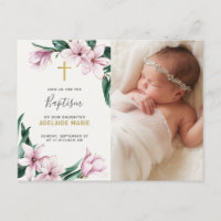 Élégant rose floral Baptême Gold Cross Photo